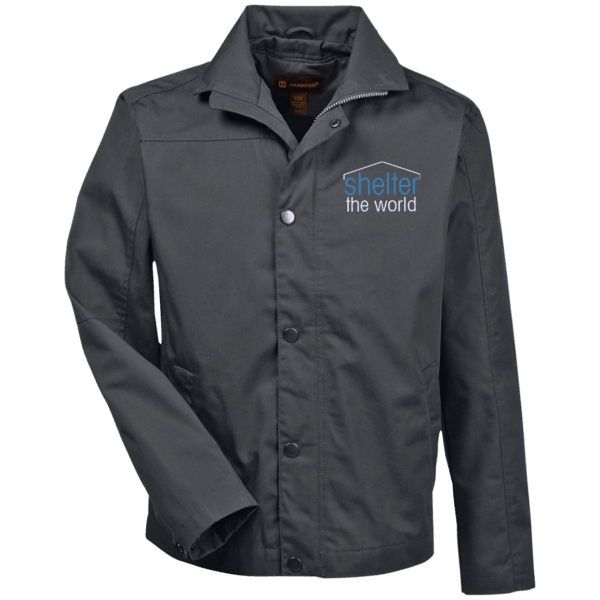 Canvas Work Jacket, polyester cotton coated canvas Lining: polyester, cotton jersey in front and back body, polyester taffeta sleeves with Double welt pen pocket on wearers left arm; Lower front welt pockets with hidden snap