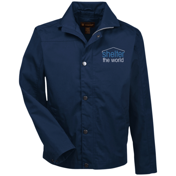 Canvas Work Jacket, polyester cotton coated canvas Lining: polyester, cotton jersey in front and back body, polyester taffeta sleeves with Double welt pen pocket on wearers left arm; Lower front welt pockets with hidden snap