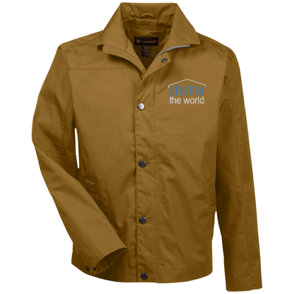 Canvas Work Jacket, polyester cotton coated canvas Lining: polyester, cotton jersey in front and back body, polyester taffeta sleeves with Double welt pen pocket on wearers left arm; Lower front welt pockets with hidden snap