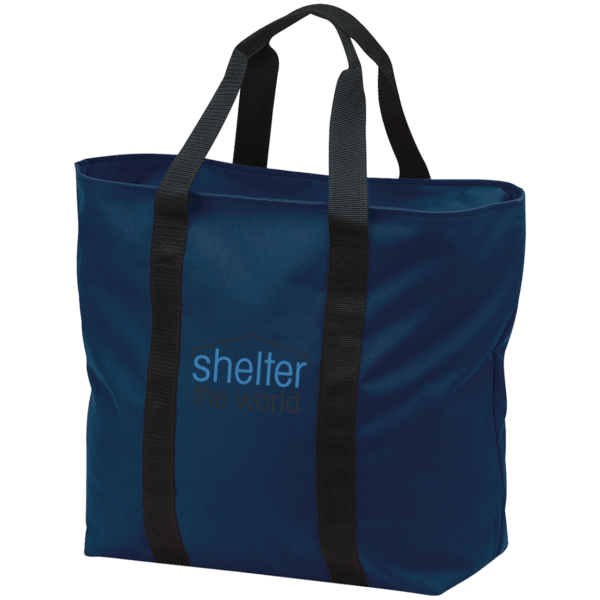 All Purpose Navy Tote Bag with embroidery logo polyester Zippered opening and front pocket; tote is embroidered above pocket