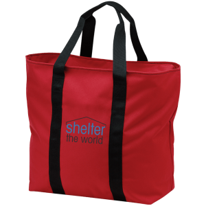 All Purpose Red Tote Bag with embroidery logo polyester Zippered opening and front pocket; tote is embroidered above pocket