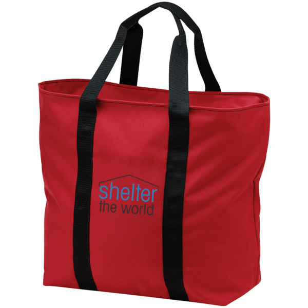 All Purpose Red Tote Bag with embroidery logo polyester Zippered opening and front pocket; tote is embroidered above pocket